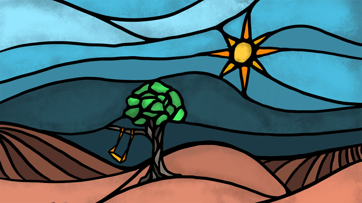 sketched countryside scene in stained glass style