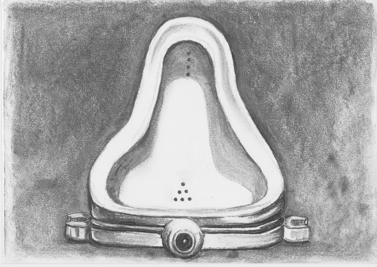 Charcoal drawing of Marcel Duchamp's fountain